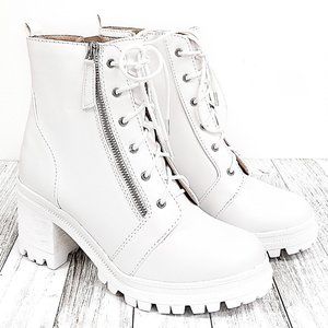 New White Combat Lace Up Lug Ankle Boots Booties